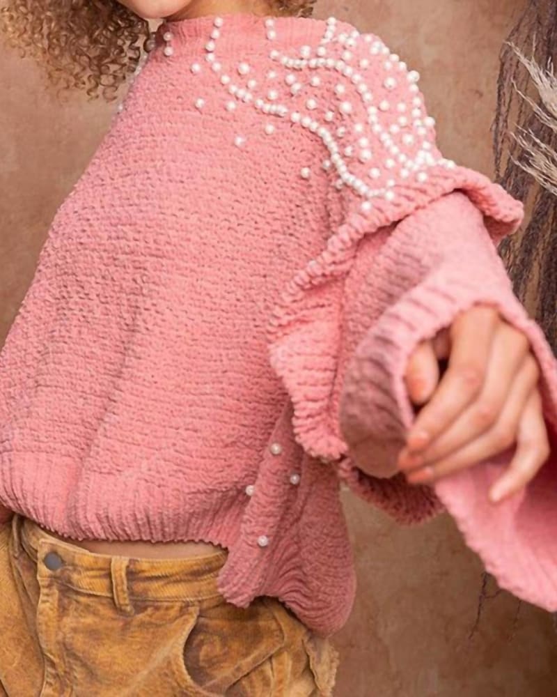 Back of a model wearing a size Large Details Matter Sweater in Pink in Pink by POL. | dia_product_style_image_id:327195